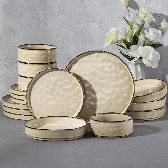 E-far 16-Piece Plates and Bowls Sets with Pasta Bowls - Stoneware Dinnerware Set for 4, Modern Ribbed Dishes, Microwave & Dishwasher Safe, Sandy Khaki