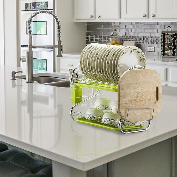 Double-Layer Dish Rack with Bowl Container, Iron Kitchen Utensils Holder, Multifunctional Draining Rack Over Sink Drying and Kitchen Storage, Green