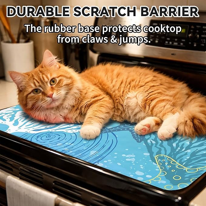 Decorative Stove Top Covers for Electric Stove 28"x20" – Heat Resistant Glass Cooktop Protector Dish Drying Mat – Non-Slip Rubber Backing Washer Top Cover Waterproof Extra Counter Space (Ocean 1)