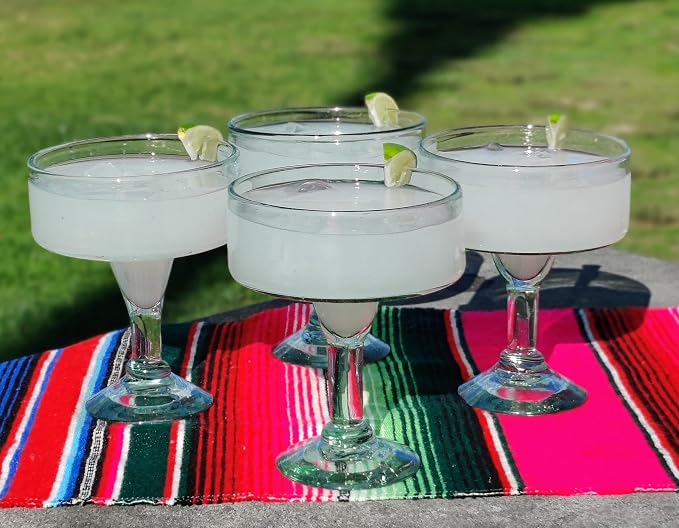Dos Sueños Mexican Hand Blown Glass – Set of 4 Natural Clear Hand Blown Margarita Glasses (16 oz)