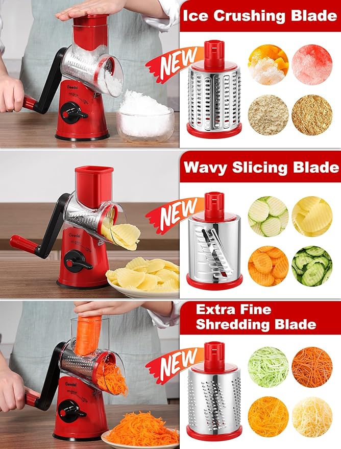 Geedel Rotary Cheese Grater Cheese Shredder - Upgraded 6-in-1 Cheese Grater with Handle and Strong Suction Base, Multi-purpose Vegetable Slicer Ice Shaver Nuts Grinder for Ice, Vegetables, Fruit