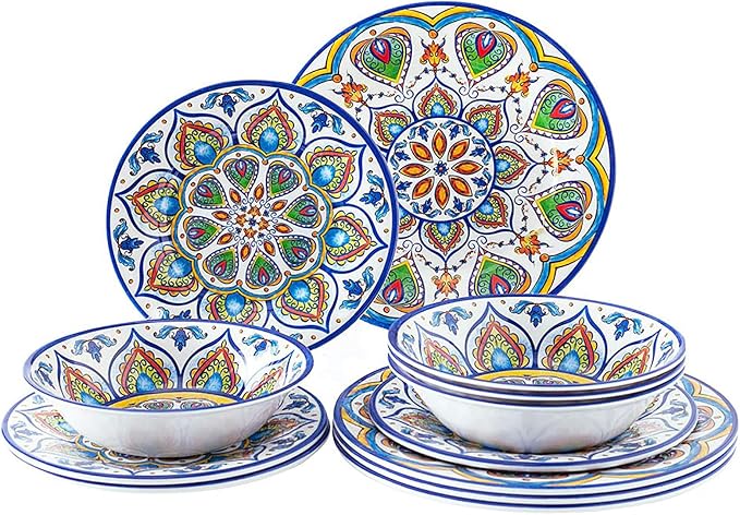 Melamine Dinnerware Set, 12 Pcs Dinner Plates Bowls Sets for Indoor and Outdoor Use, Durable Unbreakable Dishes Sets, Dishwasher Safe, BPA Free, Service for 4