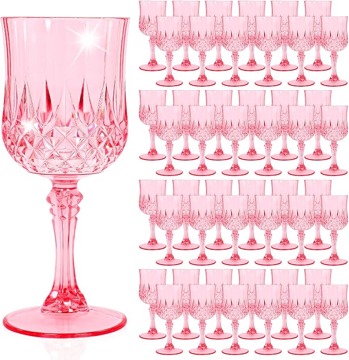 48 Pack Pink Plastic Wine Glasses, Vintage Plastic Goblets for Parties, Drinking Glasses Unbreakable Glassware Crystal Water Goblets Reusable Drinkware for Wedding Reception Grand Event Party