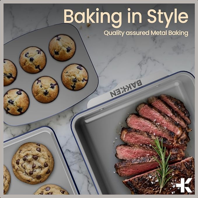 Bakken 8-Piece Ceramic Coated Bakeware Sets, Nonstick Aluminized Steel Pans with Muffin, Loaf, Cake, Roasting Pan, & Cooling Rack, Oven Safe Up To 500°F, Dishwasher Safe, BPA, PTFE & PFAS Free, Blue