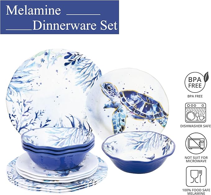 UPware 12 Piece Indigo Sea Life Melamine Dinnerware Sets, Outdoor Dishes Set, Plates and Bowls Sets, Service for 4, Blue