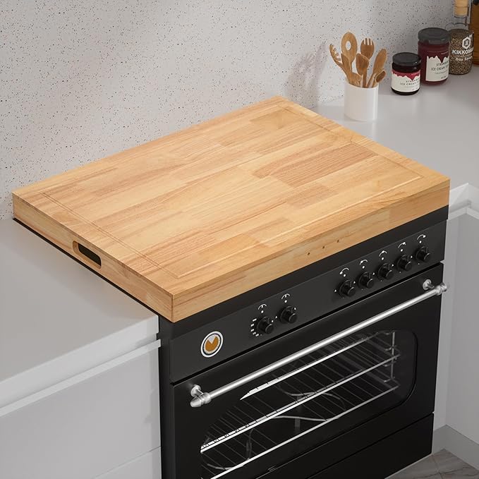 Rubberwood Stove Cover for Gas & Electric Burners, 28.82”x20.83”x2.12'' (Inner) Noodle Board with Handles, Cutting Board with Juice Groove, Serving Tray (Natural Rubberwood)