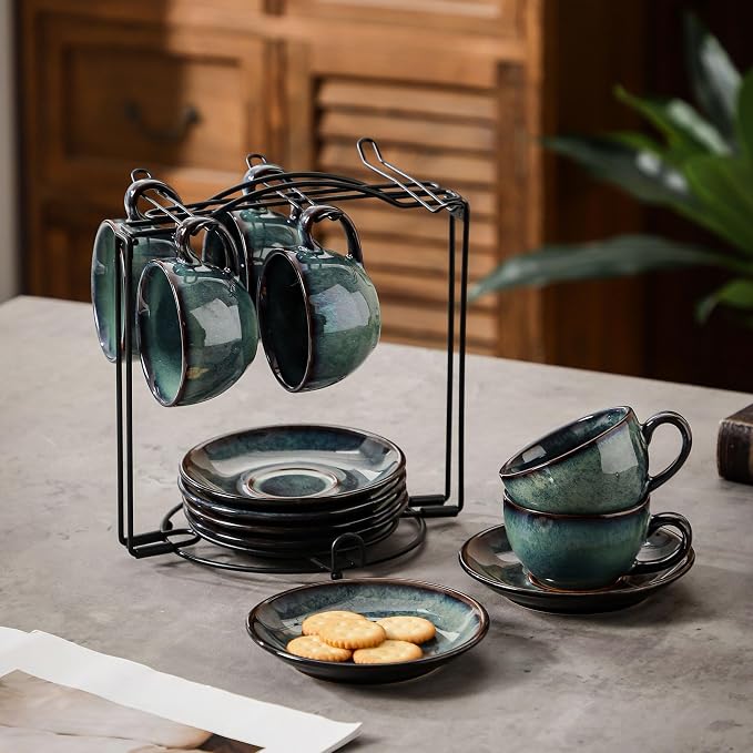 6 sets of 4OZ green coffee cup saucer sets, ceramic coffee cups with metal display racks, unique kiln enamel technology, suitable for tea, espresso, latte, cappuccino (6, Green, 4, ounces)