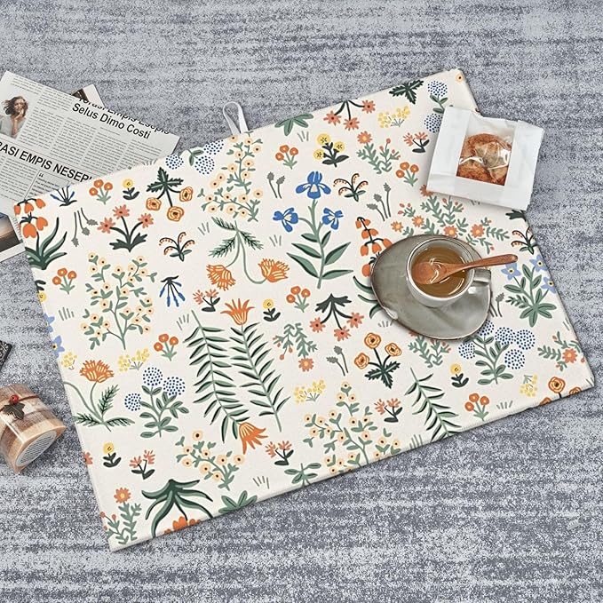 2Pcs Dish Drying Mats Faucet Mats Sets Large Size Coffee Mats Sink Faucet Mat Splash Guard for Kitchen Counter Bathroom Sink Coffee Bar Kitchen Decor (Wildflowers 2, 18"x24" 15" x 5.5"Set)