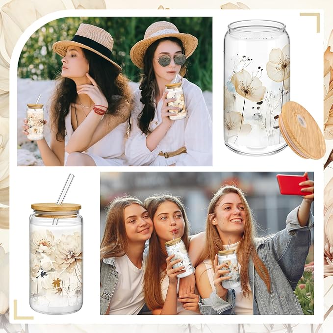 Mumufy 4 Pack Wildflower Glass Cups Gift Aesthetic Cute Glass Cup Tumbler Flower Iced Coffee Mugs 16 oz with Bamboo Lid & Straw, for Wedding Birthday Bridesmaid Mom Baby Shower
