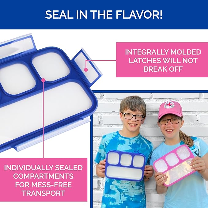 kinsho Bento Lunch Box for Kids Adults, 4 Sealed Divided Compartments, Portion Control Meal or Snack Containers for Boys Girls Women Men, School Work BPA Free with Utensils, Blue + Rose Pink 2 Pack