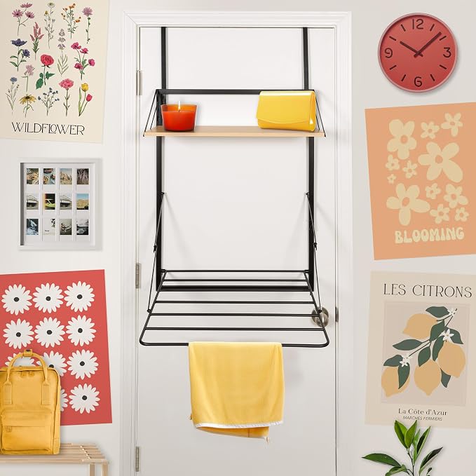 Honey-Can-Do Wall-Mount or Over-The-Door Compact Collapsible Drying Rack with Extra Shelf, Black & Oak