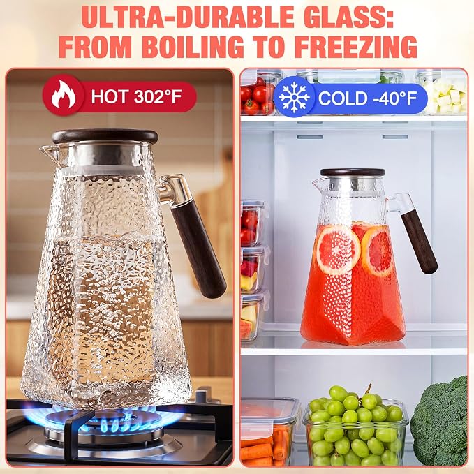 60 oz 1.8l Glass Pitcher with Lid, Borosilicate Glass Carafe with Solid Walnut Handle, Spout, Heat-resistant Beverage Jug for Iced Tea, Lemonade, Cold Brew, Fridge Safe(Hammered Texture)