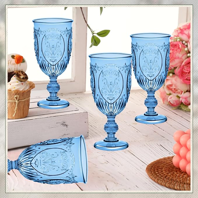 Wiwiqing 24 Pcs Plastic Goblets 7.5oz Vintage Goblet Plastic Wine Glasses Colored Retro Embossed Water Goblets for Wine Bar Juice Baby Shower Wedding Reception Grand Event Party (Royal Blue)