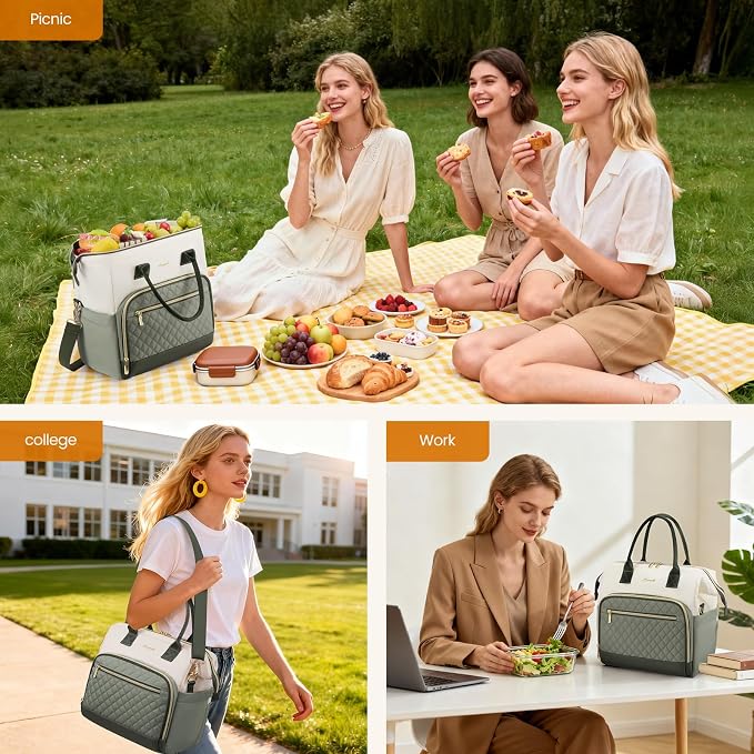 LOVEVOOK Lunch Bag Women, Insulated Adult Lunch Box for Women Work, Wide Opening Leakproof Cooler Tote Bag for Office Campus Picnic Beach with Shoulder Strap, Loncheras Para Mujer with Cup Holder