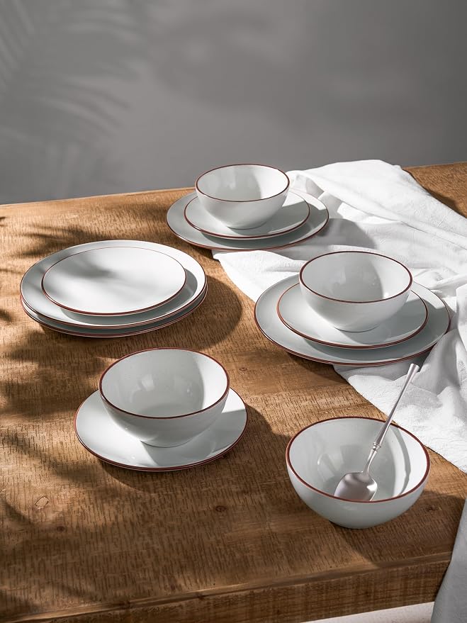 Famiware Venus Stoneware Dinnerware Sets for 4, 12 Piece Plates and Bowls with Rim, Handcrafted Speckled Patterns, Matte White