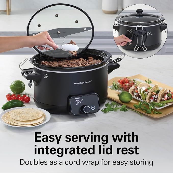 Hamilton Beach Portable Ready, Set, Dinner 6 Quart Programmable Slow Cooker | Temperature Probe & Defrost Function | Clip-Tight Lid For Easy Travel | Dishwasher-Safe Stoneware Crock | Matte Black | 33868