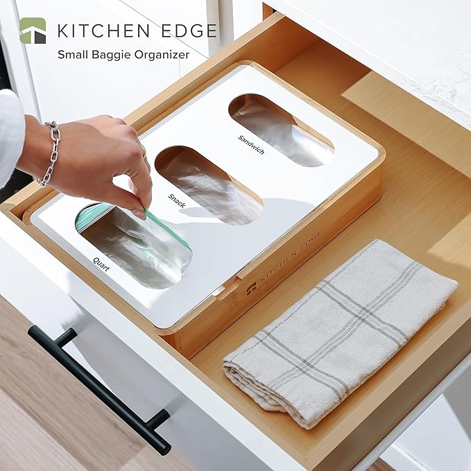 Premium Ziplock Bag Organizer – Kitchen Edge 3-Slot Bamboo Organizer with White Metal, Fits Snack, Sandwich & Quart Bags, Magnetic Top, Non-Slip Base, Wall Mountable, 8.7in x 13in x 2.5in
