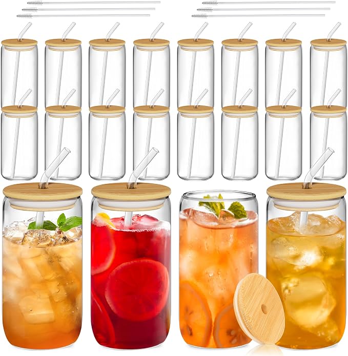 20 Pcs Glass Cups with Bamboo Lids and Straws - 16oz Glass Tumbler, Iced Coffee Cup, Can Shaped Drinking Glasses for Coffee, Tea, Smoothie, Juice, Cocktail Include Cleaning Brushes & Boxes