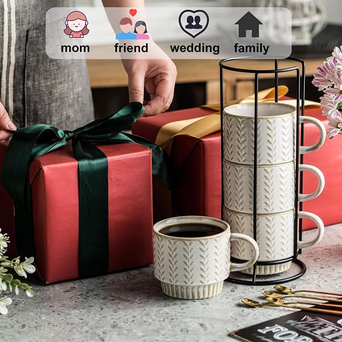 Miamolo Coffee Mugs Set of 4 with Spoons & Stand, Stacking Save the Space | Stackable, Ceramic, 13oz Coffee Mug, for Drinks Latte Cappuccino Tea, for Housewarming Birthday Gift, Dishwasher Safe
