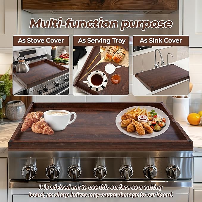 WOLKI Noodle Board Stove Covers for Gas Burners, 30"L x 22"W x 2.4"Th Heavyweight Stove Top Covers for Electric Stove, Buil-in Handles, RV Stove Cover, Wooden Serving Tray, Walnut