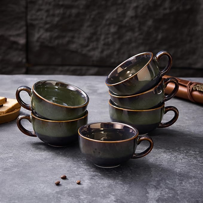Coffeezone Set of 6 Vintage Design 12 oz Professional Barista Ceramic Latte Art Cappuccino Cups Set (Sea Grey * 6)