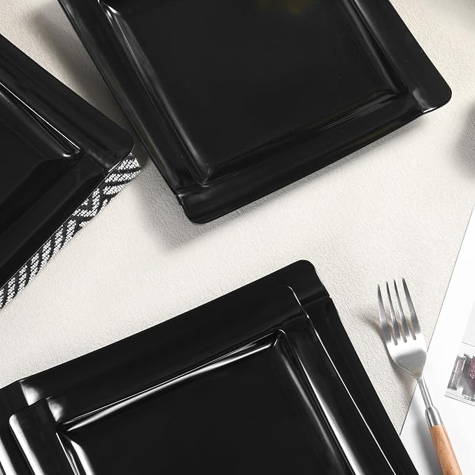 Square Melamine Dinnerware Sets of 12 Pcs,Square Plates and Bowls Sets,Unbreakable Dish Set for 4,Lightweight, Dishwasher Safe and BPA Free,Suit for RV,Camping（Black）