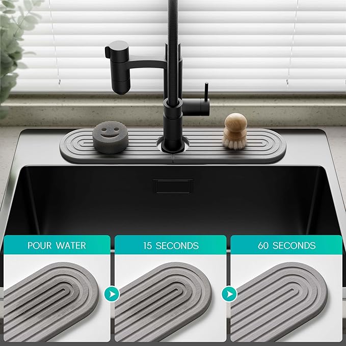 Stone Faucet Mat for Kitchen Sink – Diatomite Fast-Drying Stone Tray, Faucet Mat Sink Splash Guard, Decorative Sink Protector for Kitchen Bathroom Counter [Gray, 17.7''x3.9'']