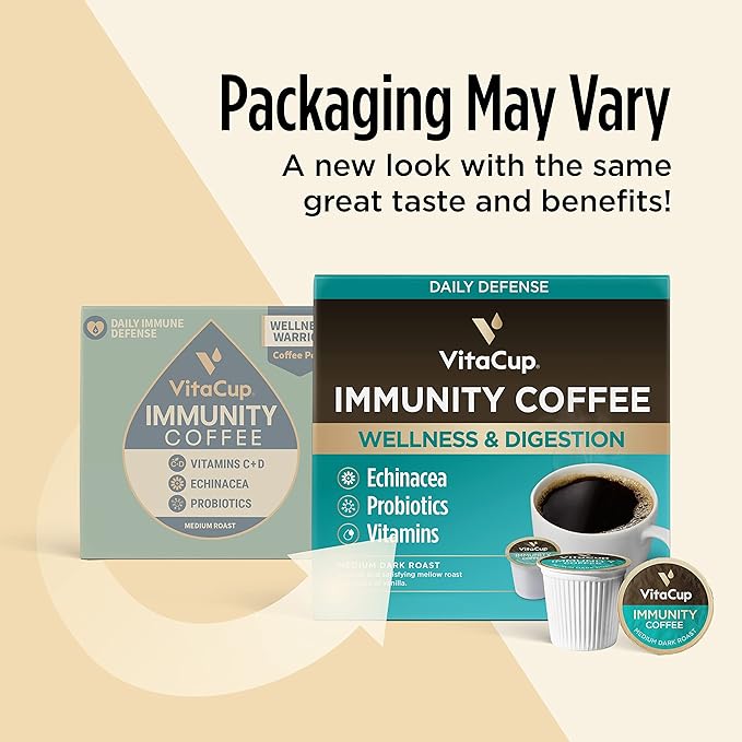 VitaCup Immunity Coffee Pods, Wellness Boost with Antioxidants, Echinacea, Probiotics, Vitamin C & D3, Medium Dark Roast, Single Serve Pod Compatible with Keurig K-Cup Brewers,32 Ct