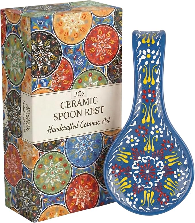 BCS Ceramic Spoon Rest, Large 9” Hand Painted Spoon Holder for Stove Top & Kitchen Counter, Dishwasher Safe & Heat Resistant Utensil Holder, Floral Kitchen Decor, Handmade Pottery