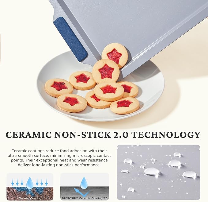 BRONYPRO Non Stick Ceramic Baking Sheet Pan Set of 3, Non Toxic Cookie Sheets (PFAS/PFOA/PTFE Free), Aluminized Steel Oven Trays with Silicone Handles, Rust-Resistant, Warp-Resistant to 500°F, Navy