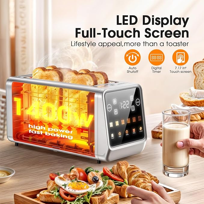 Smart 4-Slice Toaster, 75° Touchscreen with Digital Timer & Even-Heat Tech, Extra-Wide Slots for Bagels & Thick Bread, 6 Browning Levels, Defrost/Reheat, Single-Slot Energy Saving