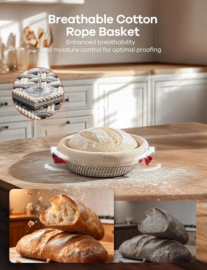 Ganiza 22-Piece Sourdough Proofing Basket Gift Set, Natural Cotton Rope | 9'' Round & 10'' Oval Banneton Basket with Liners & Covers, Easy to Clean, Sourdough Starter Kit with Recipe for Bread Baker
