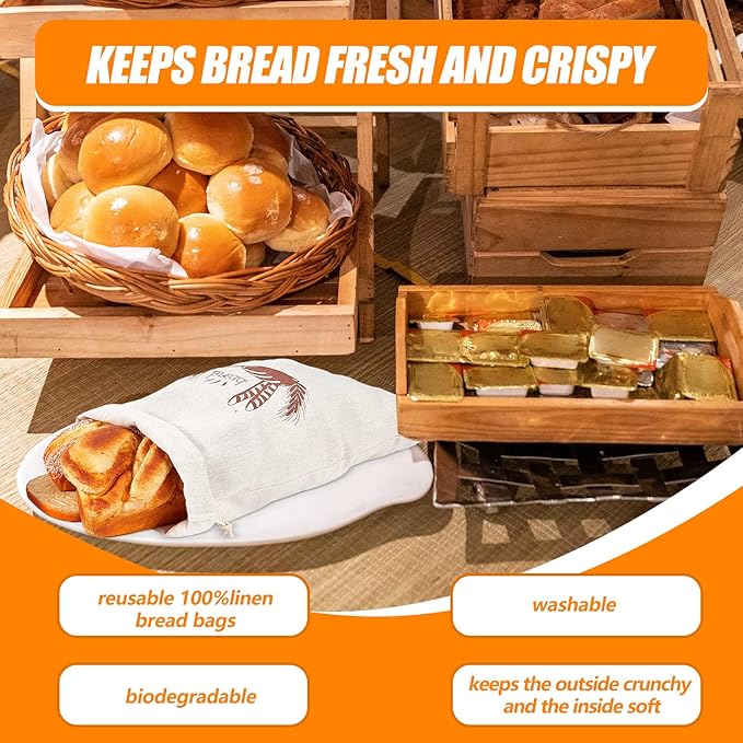 Dunzy 20 Pcs Linen Bread Bag for Homemade Bread Reusable 2 Sizes 10" x 12" and 11" x 17" Unbleached Container Drawstring Natural Bags Storage for Food Baking Kitchen Sandwich Bakery Picnic Wedding