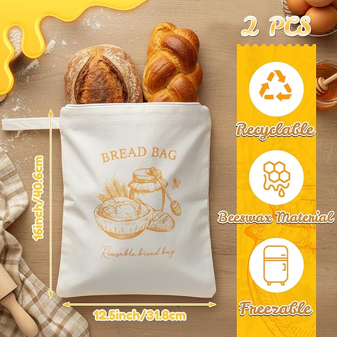 Reusable Beeswax Bread Bags - 2PCS Wide Zipper Access Bees Wax Homemade Sourdough Bread Food Storage Bag, L-shaped XL Coated Cotton Waxed Freezer Freshness Preservation for Home Kitchen Baking