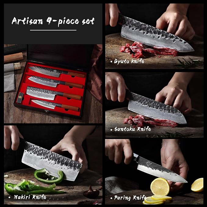 MITSUMOTO SAKARI 4-Piece Japanese Chef Knife Set, San-Mai 9Cr18MoV | Gyuto Santoku Nakiri Paring, Deep-Cryo Heat Treatment, Tsuchime Food Release, Rosewood Handles, Sandalwood Box