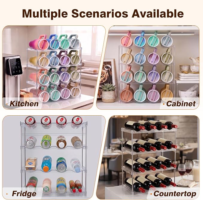 Large Compartment Water Bottle Organizer, Stackable Water Bottle Holder for Stanley 40 oz Tumbler, Clear Tumbler Organizer for Cabinet, Kitchen Pantry or Countertop, 3 Pack (4 Pack)