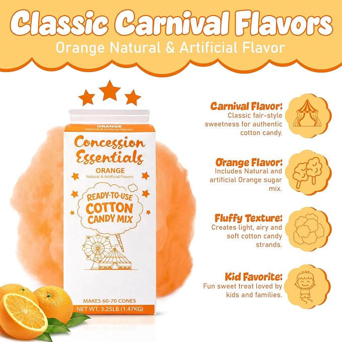 Perfectware Concession Essentials Orange Cotton Candy Mix – Ready-to-Use Floss Sugar for Cotton Candy Machines – Makes 60–70 Cones – 3.25 lb Carton – Carnival Style Cotton Candy Sugar