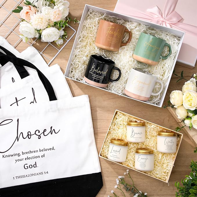 LemonRoad 12 Pcs Inspirational Christian Gift for Women Bulk Included 12oz Ceramics Bible Coffee Mug Large Tote Bag Religious Candle Gift for Mom Godmother Wife Church Teacher Nurse Graduation