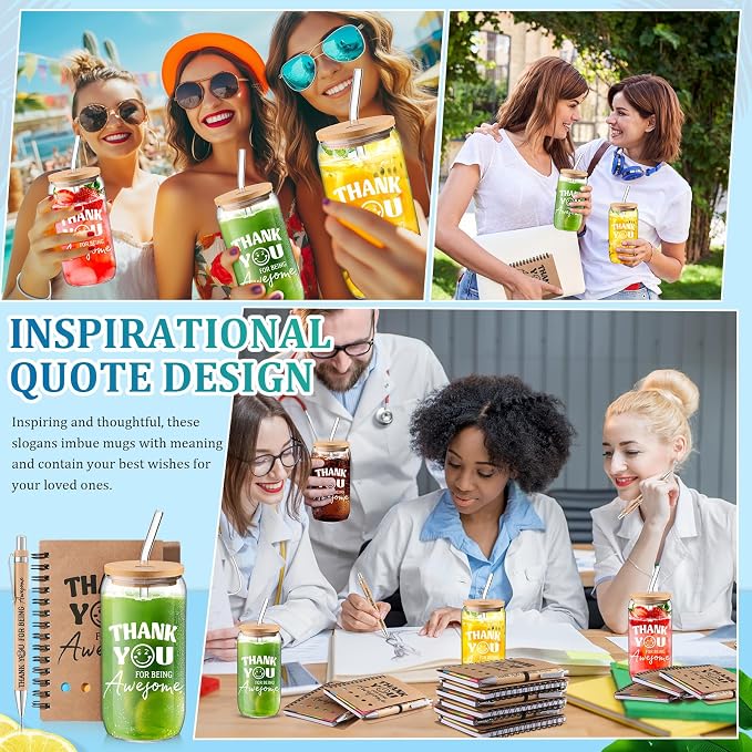 Skylety 12 Set Back to School Teacher Gift Bulk Thank You for Being Awesome Staff Appreciation Gifts 16 oz Glass Cups with Lids Straws Spiral Notebooks Note Pens for Employee Team Coworker Nurse
