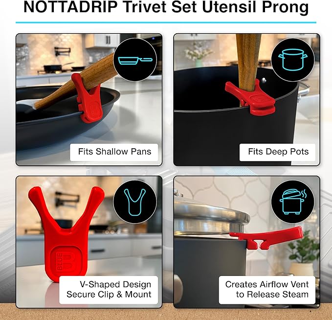 Nottadrip Silicone Spoon Rest for Stove Top - Kitchen Spoon Rest for Countertop, Ladle Holder, All in 1 Serving Station, Elevate Handles, Drip to Tray, Mess Free - 5PC Trivet Set - Red