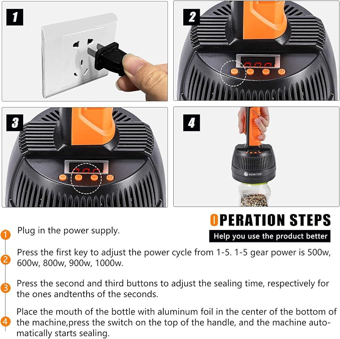 NEWTRY Handheld Induction Sealer 20-100mm Heat Bottle Cap Sealing Machine Power & Time Adjustable for Plastic Glass Bottles Caps(110V)
