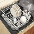 MAJALiS White Dish Drying Rack Over The Sink with Utensil Holder | Expandable Stainless Steel Dish Drainer for Small Kitchen, Apartment, RV, Counter Space Saving, Perfect Fit, Rustproof
