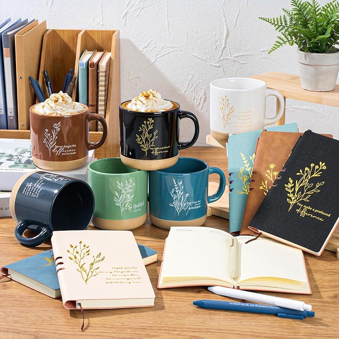 Didaey 6 Sets Employee Appreciation Gifts Set 13oz Boho Floral Ceramics Coffee Mugs with A6 Leather Notebooks Ballpoint Pens Bulk Office Thank You Gift for Coworkers Staff Team Nurse