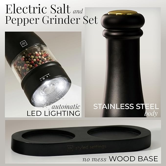 Electric Salt and Pepper Grinder Set - Styled Settings Electric Salt and Pepper Shakers, Automatic Stainless Steel Set with LED Light, Battery Operated, Adjustable Coarseness, Wood Base