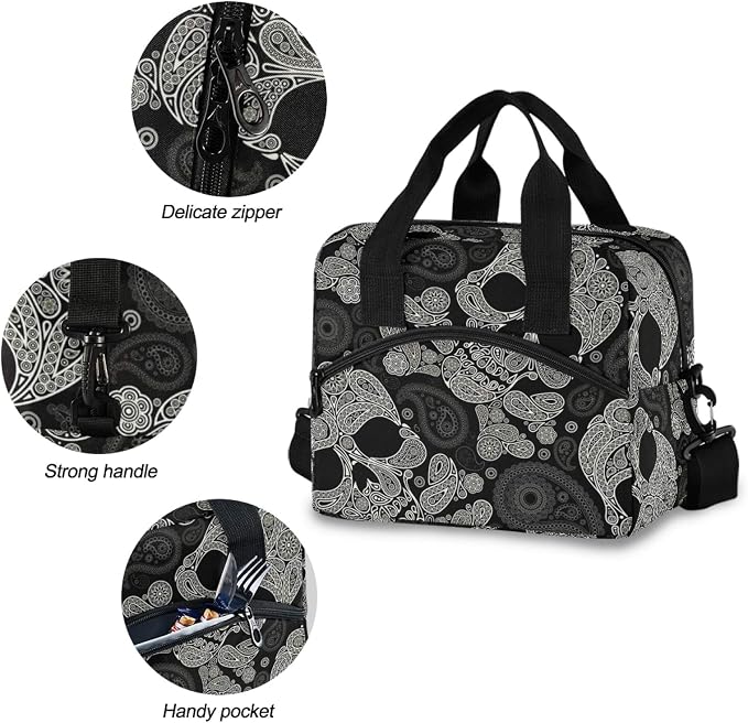 Skull Insulated Lunch Bag Reusable Lunch Tote Bag Cooler Bag for Women Men Adult Lunch Box with Adjustable Shoulder Strap Leakproof Lunch Bag for Work School Picnic Camping