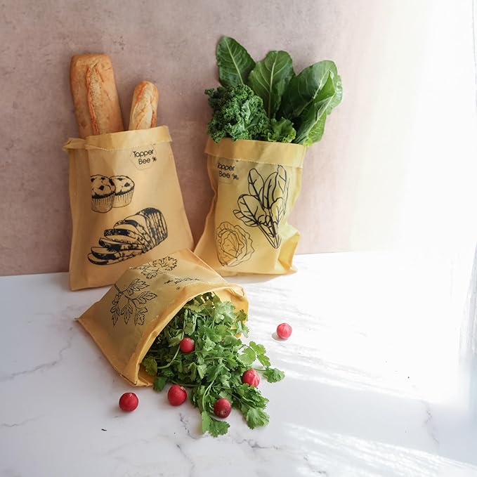 Reusable Beeswax Bags Set of 3 – Keep Food Fresh Longer, Reduce Food Waste, Eco-Friendly, BPA Free Storage