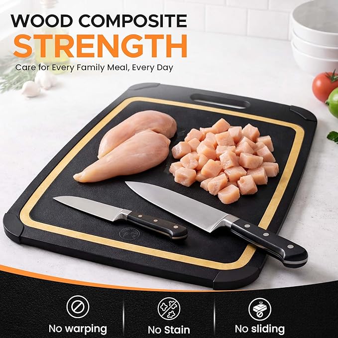 Composite Wood Cutting Board Set of 3 – Built In Juice Groove, Dishwasher Safe, Non-Toxic & Cutting Boards for Kitchen – Large, Medium & Small Non-Slip Wood Charcuterie & Chopping Boards (Black/Tan)