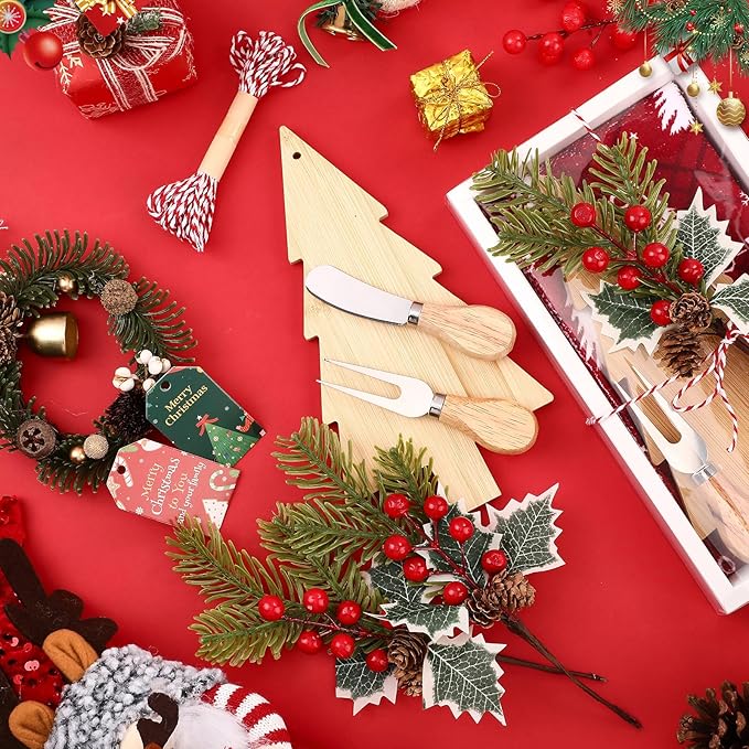 LemonRoad 1 Set Christmas Cutting Board Gift Christmas Tree Cutting Board with Knives Forks Kitchen Towels Merry Gift Tags Charcuterie Boards Bamboo Serving Tray for Xmas Birthday Party Favors