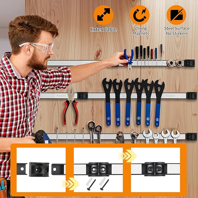 18" Magnetic Tool Holder Strip, 6 Pieces Silver Metal Tool Organizer Rack with Stainless Steel Surface, Magnet Bar for Garage Workshop, Easy To Install with Mounting Screws