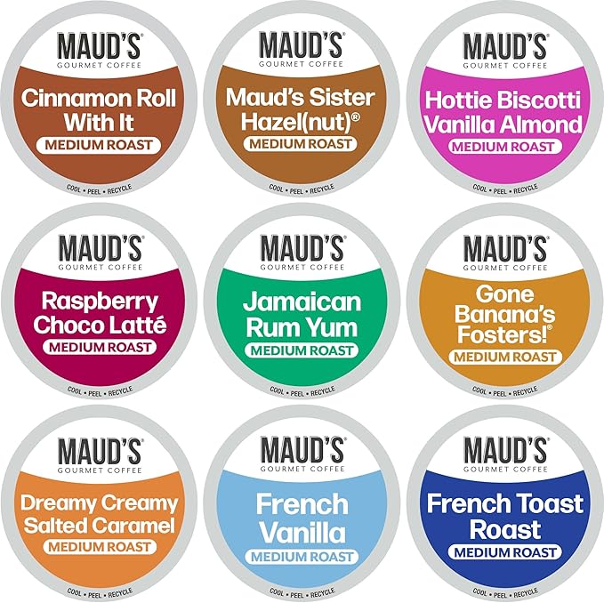 Maud's Flavored Coffee Pods Variety Pack, 40 ct, 9 Assorted Flavors, Medium Roast Flavored Coffee in Single Serve Pods – 100% Arabica Beans, Compatible with Keurig K Cups Maker